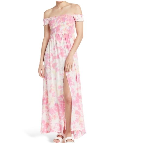 Pink White Tie Dye Smocked Off the Shoulder Area Stars Kaia Dress Size Small - Picture 3 of 13